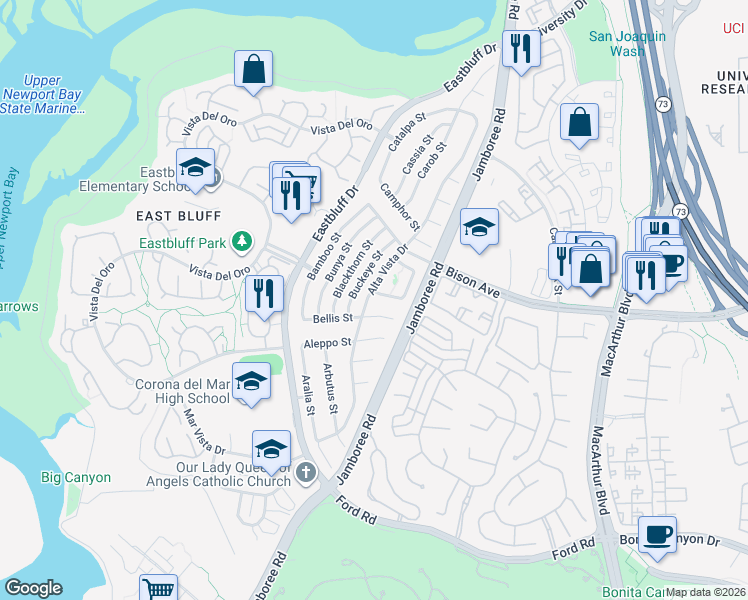 map of restaurants, bars, coffee shops, grocery stores, and more near 2600 Basswood Street in Newport Beach