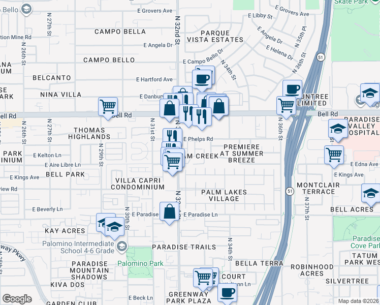 map of restaurants, bars, coffee shops, grocery stores, and more near 16635 North 32nd Place in Phoenix