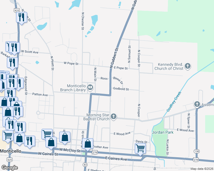 map of restaurants, bars, coffee shops, grocery stores, and more near 925 North Gabbert Street in Monticello