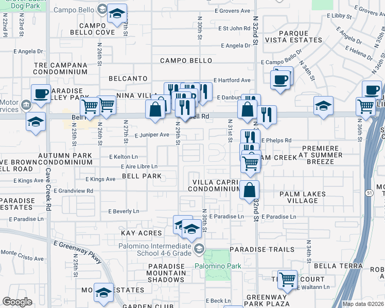 map of restaurants, bars, coffee shops, grocery stores, and more near 16601 North 29th Street in Phoenix