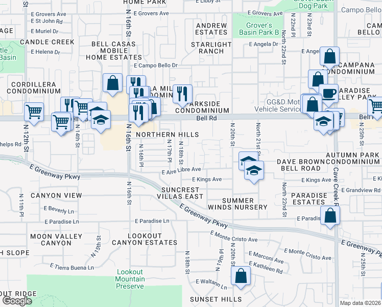 map of restaurants, bars, coffee shops, grocery stores, and more near 16626 North 19th Street in Phoenix