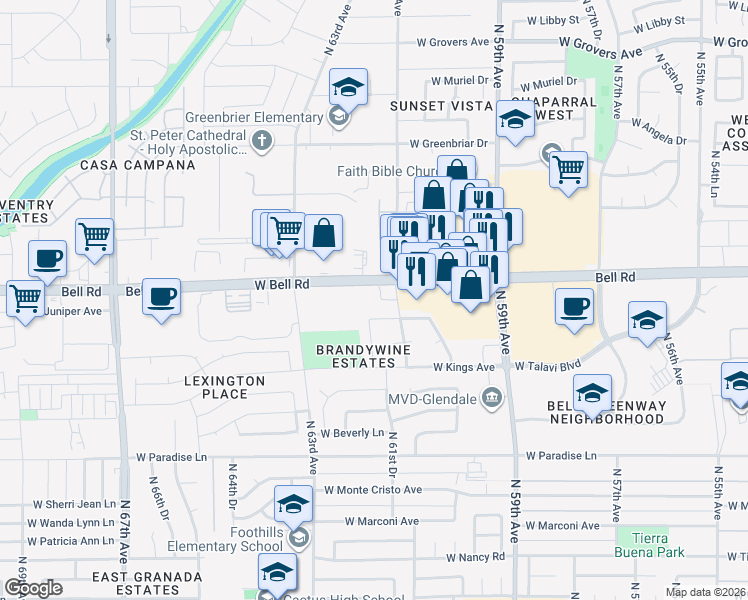 map of restaurants, bars, coffee shops, grocery stores, and more near 6161 West Bell Road in Glendale