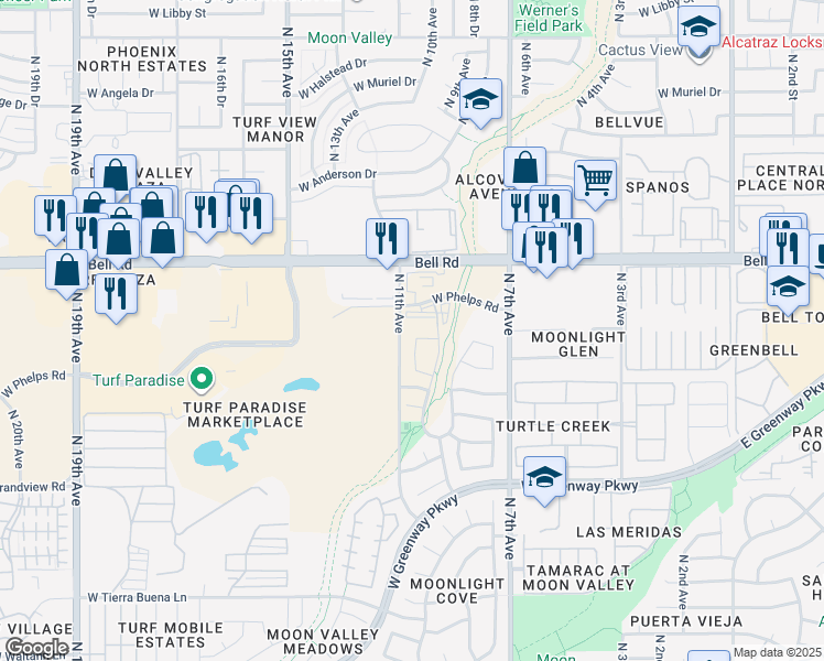 map of restaurants, bars, coffee shops, grocery stores, and more near 1015 West Kelton Lane in Phoenix