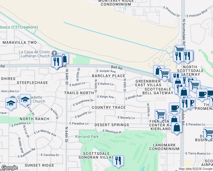 map of restaurants, bars, coffee shops, grocery stores, and more near 16462 North 67th Street in Scottsdale