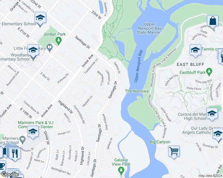map of restaurants, bars, coffee shops, grocery stores, and more near 1839 Santiago Drive in Newport Beach