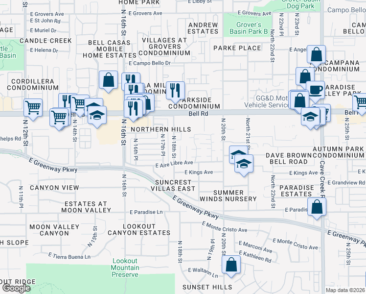 map of restaurants, bars, coffee shops, grocery stores, and more near 16626 North 19th Street in Phoenix