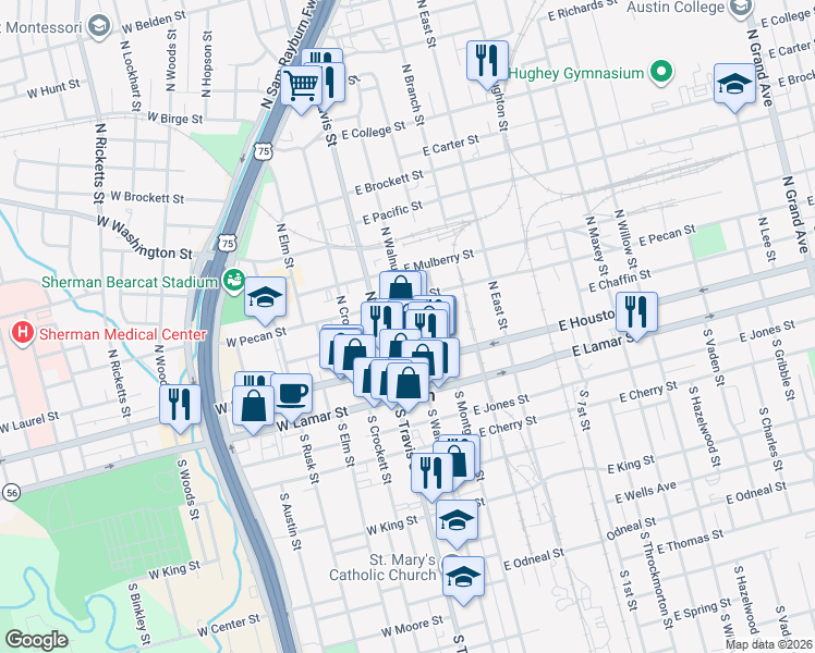 map of restaurants, bars, coffee shops, grocery stores, and more near 125 North Travis Street in Sherman