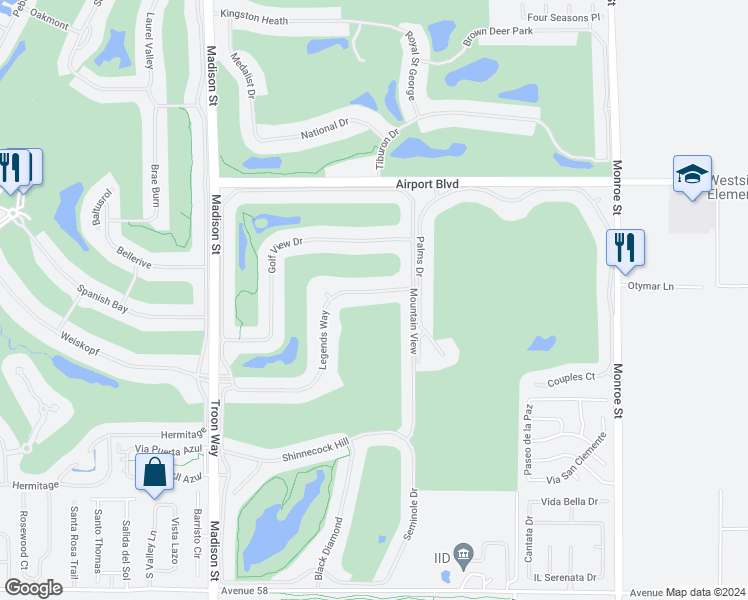 map of restaurants, bars, coffee shops, grocery stores, and more near 81345 Legends Way in La Quinta