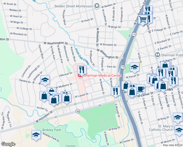 map of restaurants, bars, coffee shops, grocery stores, and more near 409 North Carl Street in Sherman