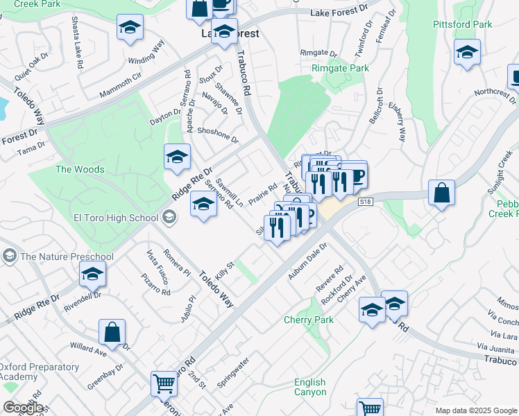 map of restaurants, bars, coffee shops, grocery stores, and more near 22435 Silver Spur in Lake Forest