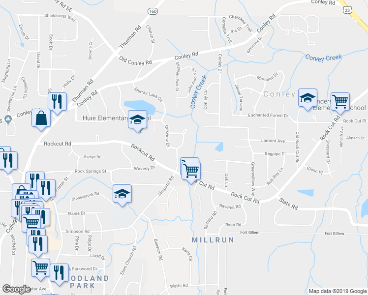 map of restaurants, bars, coffee shops, grocery stores, and more near 1390 Oakview Circle in Forest Park
