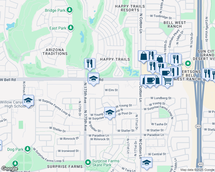 map of restaurants, bars, coffee shops, grocery stores, and more near 17240 West Elm Street in Surprise