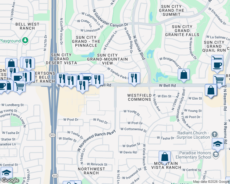 map of restaurants, bars, coffee shops, grocery stores, and more near 16640 North Sarival Avenue in Surprise