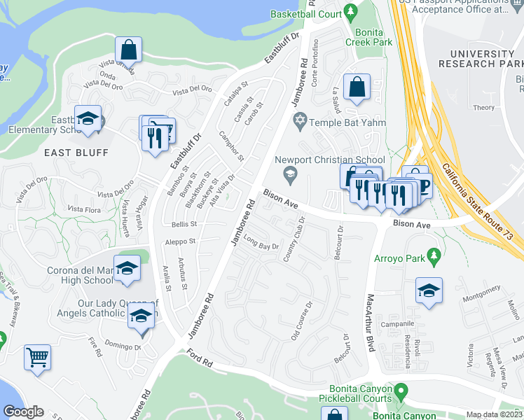 map of restaurants, bars, coffee shops, grocery stores, and more near 26 Spanish Bay Drive in Newport Beach