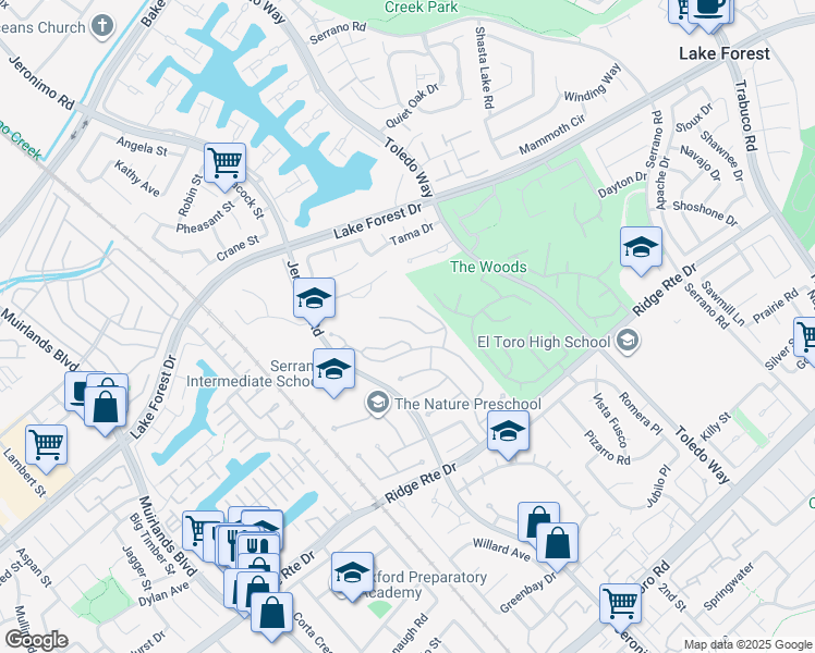 map of restaurants, bars, coffee shops, grocery stores, and more near 24772 Glenwood Drive in Lake Forest