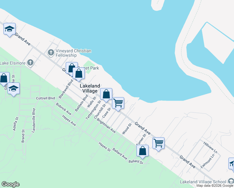 map of restaurants, bars, coffee shops, grocery stores, and more near 17840 Grand Avenue in Lake Elsinore