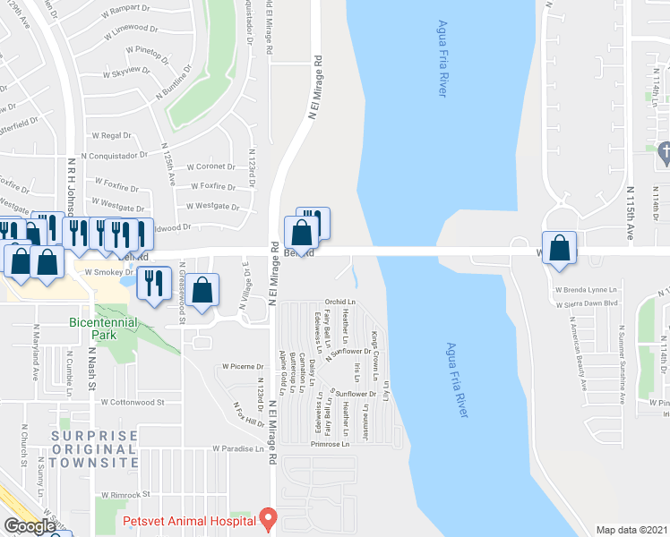 map of restaurants, bars, coffee shops, grocery stores, and more near 12129 West Bell Road in Surprise