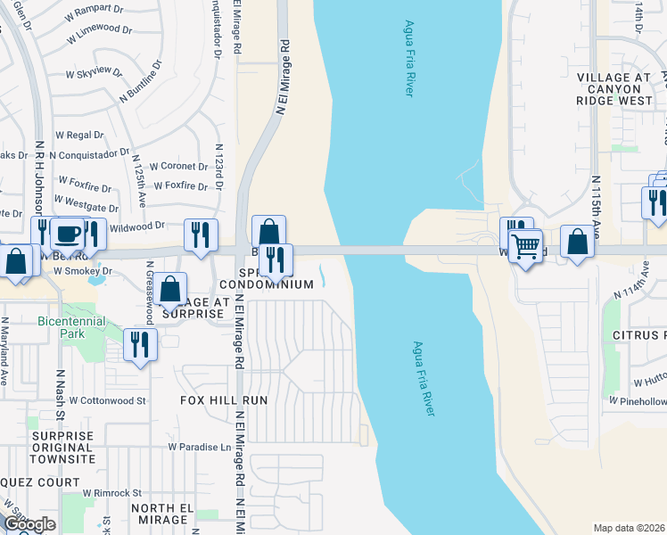 map of restaurants, bars, coffee shops, grocery stores, and more near 12123 West Bell Road in Surprise
