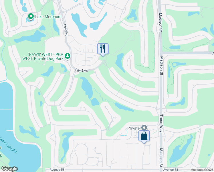 map of restaurants, bars, coffee shops, grocery stores, and more near 80500 Weiskopf in La Quinta