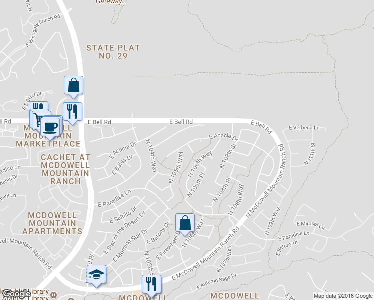map of restaurants, bars, coffee shops, grocery stores, and more near 16702 North 106th Street in Scottsdale