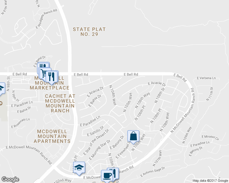 map of restaurants, bars, coffee shops, grocery stores, and more near 16582 North 104th Way in Scottsdale