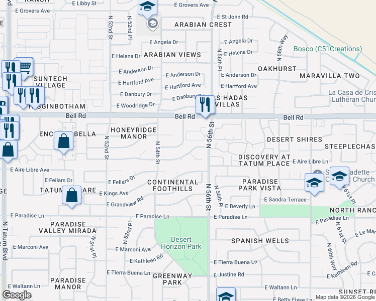 map of restaurants, bars, coffee shops, grocery stores, and more near 16633 North 55th Place in Scottsdale