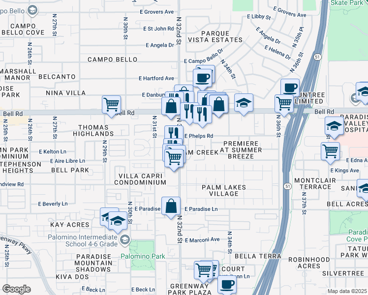 map of restaurants, bars, coffee shops, grocery stores, and more near 16635 North 32nd Place in Phoenix