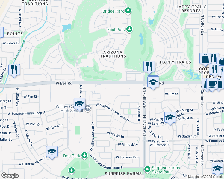 map of restaurants, bars, coffee shops, grocery stores, and more near 16778 North 177th Avenue in Surprise