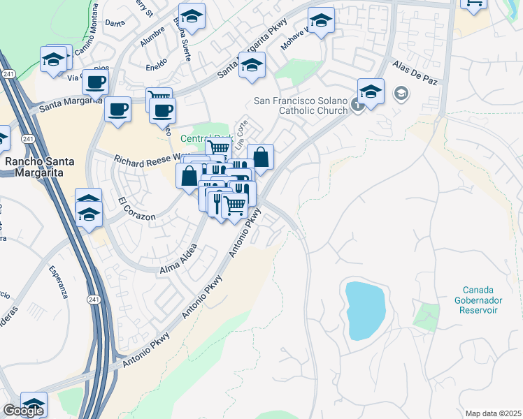 map of restaurants, bars, coffee shops, grocery stores, and more near 13 Santa Loretta in Rancho Santa Margarita