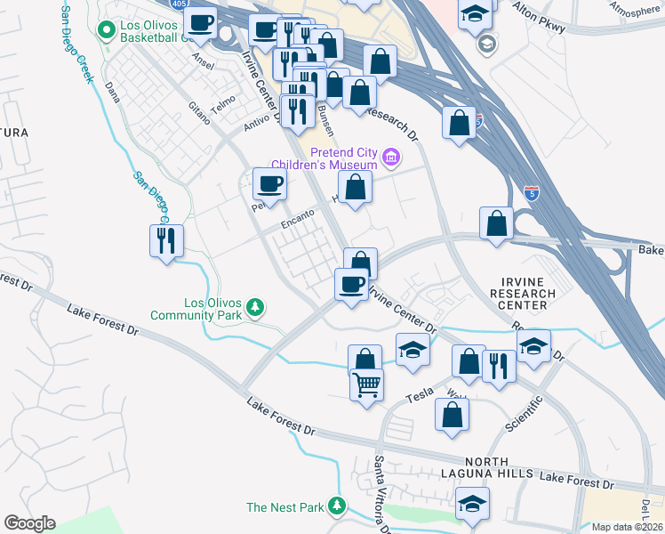 map of restaurants, bars, coffee shops, grocery stores, and more near 124 San Benito in Irvine