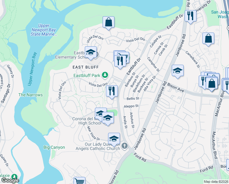 map of restaurants, bars, coffee shops, grocery stores, and more near 619 Hilvanar in Newport Beach