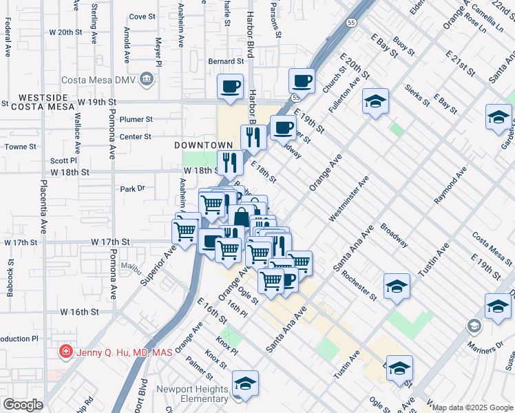 map of restaurants, bars, coffee shops, grocery stores, and more near 175 Rochester Street in Costa Mesa