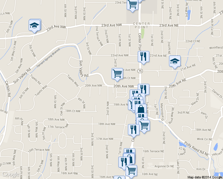map of restaurants, bars, coffee shops, grocery stores, and more near 1925 2nd Street Northwest in Center Point
