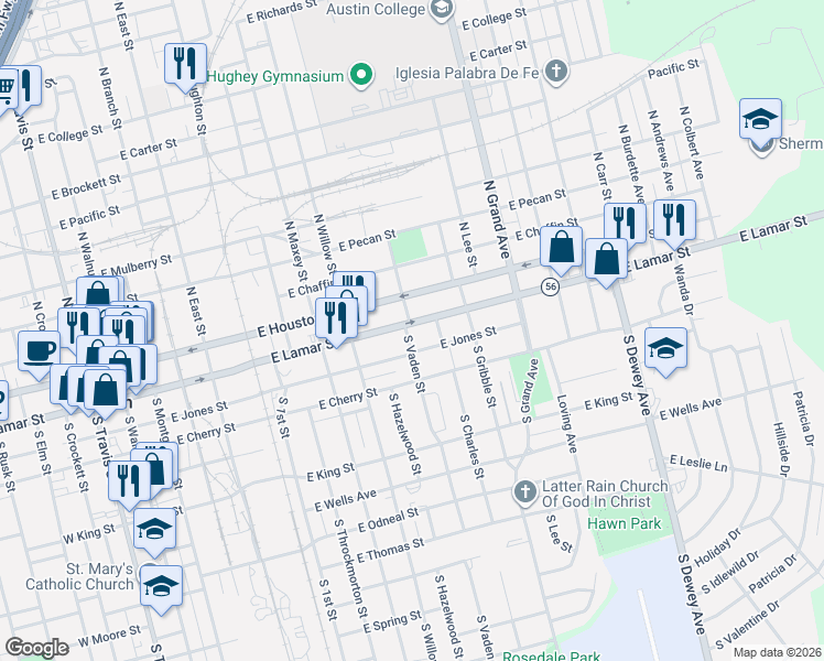 map of restaurants, bars, coffee shops, grocery stores, and more near 1023 East Jones Street in Sherman
