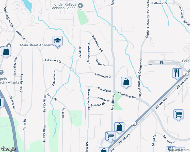 map of restaurants, bars, coffee shops, grocery stores, and more near 2628 Lakeshore Drive in College Park