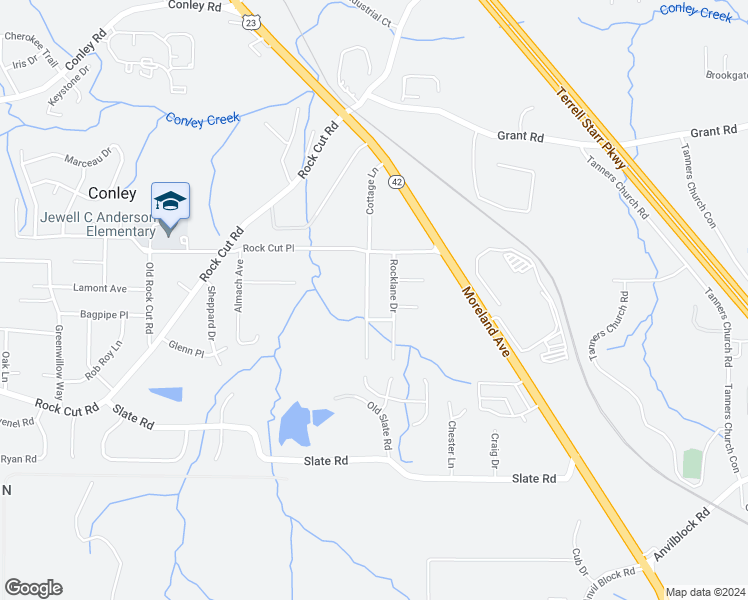 map of restaurants, bars, coffee shops, grocery stores, and more near 4262 Cottage Lane in Conley