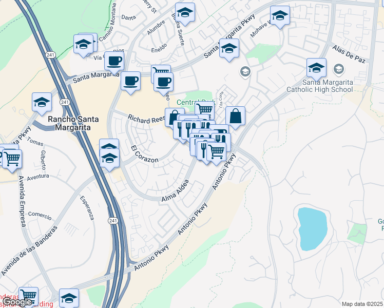 map of restaurants, bars, coffee shops, grocery stores, and more near 22431 Antonio Parkway in Rancho Santa Margarita
