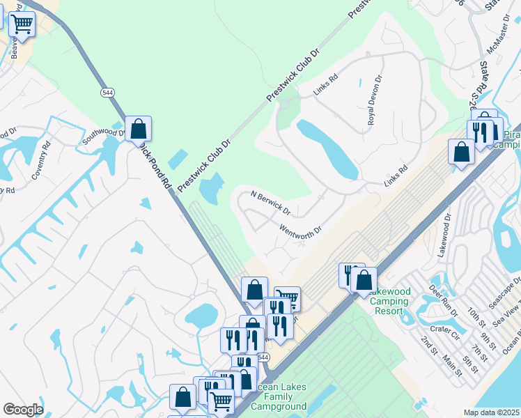 map of restaurants, bars, coffee shops, grocery stores, and more near 2119 Wentworth Drive in Myrtle Beach