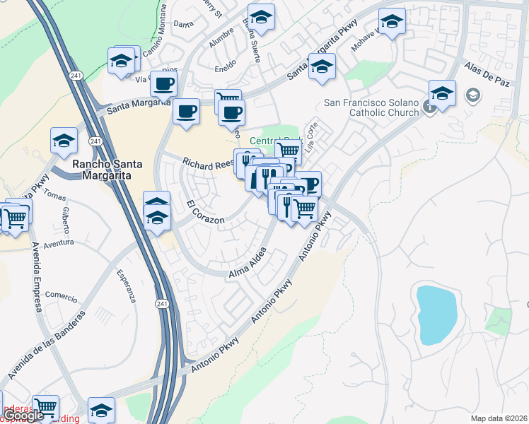 map of restaurants, bars, coffee shops, grocery stores, and more near 22331 El Paseo in Rancho Santa Margarita