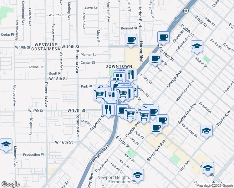map of restaurants, bars, coffee shops, grocery stores, and more near 1726 Superior Avenue in Costa Mesa