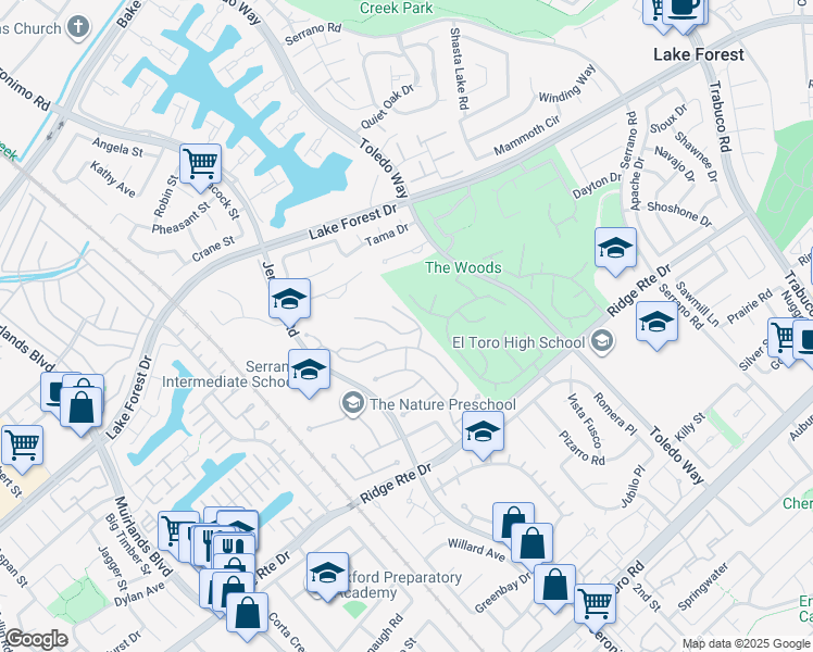 map of restaurants, bars, coffee shops, grocery stores, and more near 24832 Forest Knoll Lane in Lake Forest