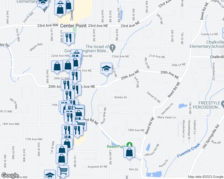 map of restaurants, bars, coffee shops, grocery stores, and more near 300 Ginger Drive Northeast in Center Point