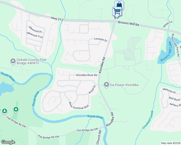 map of restaurants, bars, coffee shops, grocery stores, and more near 6367 Klondike River Road in Stonecrest