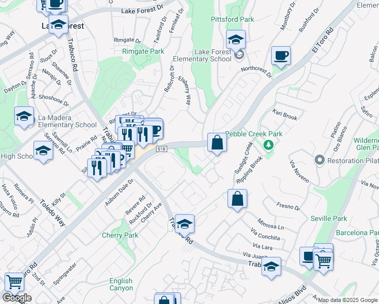 map of restaurants, bars, coffee shops, grocery stores, and more near 26091 Hillsford Place in Lake Forest