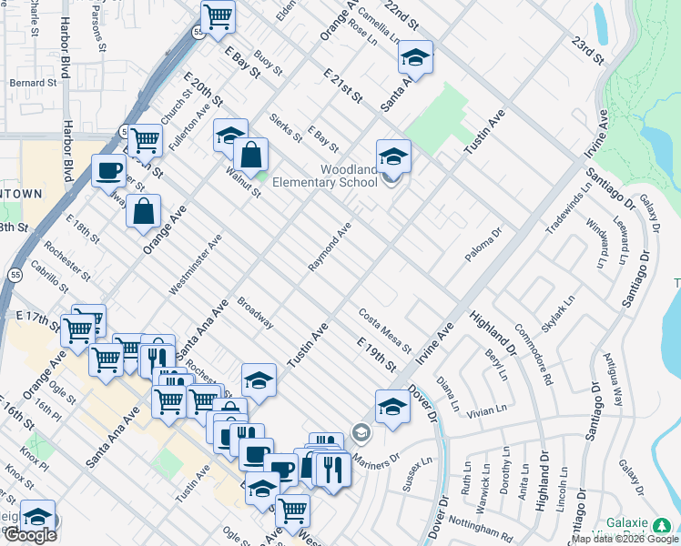 map of restaurants, bars, coffee shops, grocery stores, and more near 379 Walnut Street in Costa Mesa