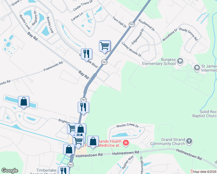 map of restaurants, bars, coffee shops, grocery stores, and more near 6332 Circle Lane in Myrtle Beach