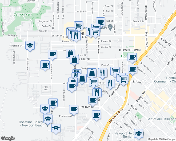 map of restaurants, bars, coffee shops, grocery stores, and more near 745 Shalimar Drive in Costa Mesa
