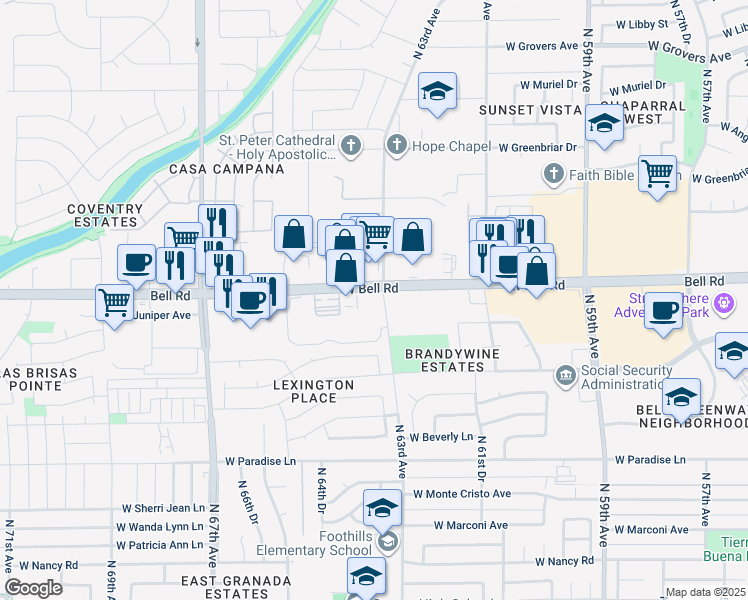 map of restaurants, bars, coffee shops, grocery stores, and more near 6451 West Bell Road in Glendale