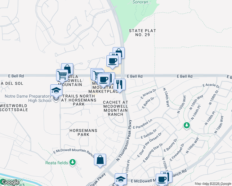 map of restaurants, bars, coffee shops, grocery stores, and more near 16600 North Thompson Peak Parkway in Scottsdale
