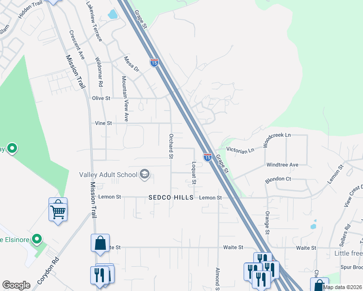 map of restaurants, bars, coffee shops, grocery stores, and more near 33280 Orchard Street in Wildomar